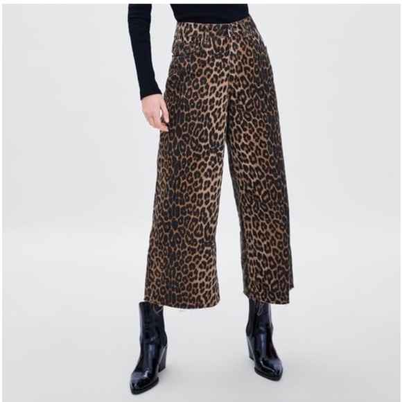 ZARA Leopard Cheetah Animal Print Wide Leg High Waisted Trouser Pants Size 2 - Picture 6 of 10